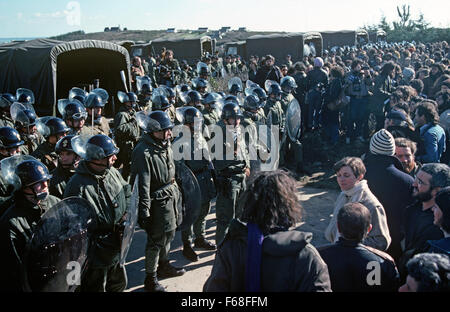 French police, Gendarmerie Mobile, lined up against antinuclear demonstrators in Plogoff, small village in South West Brittany, France Stock Photo