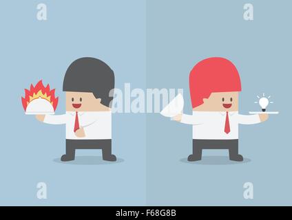 Businessman holding tray with fire and light bulb of idea, Hot deal and Idea concept, VECTOR, EPS10 Stock Vector