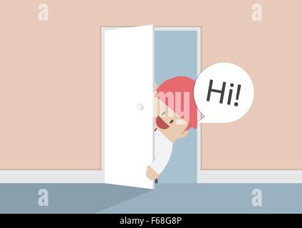 Businessman open the door and say hi, VECTOR, EPS10 Stock Vector