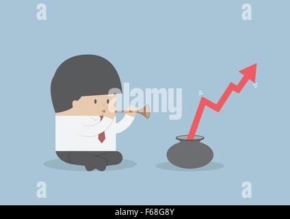 Businessman playing pipe to make the graph grow, VECTOR, EPS10 Stock Vector