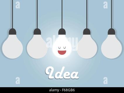 Hanging light bulbs with glowing one, Bright idea concept Stock Vector