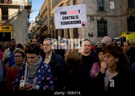 Barcelona, Catalonia, Spain. 14th Nov, 2015. A man holds a banner in Barcelona where in spanish can be read - For Peace and Agaisnt Terrorism - during a moment of silence in Barcelona for terror attacks vistims of Paris. More than one hundred people were killed and many more injured in a series of deadly terror attacks in Paris earlier in the day. © Jordi Boixareu/ZUMA Wire/Alamy Live News Stock Photo
