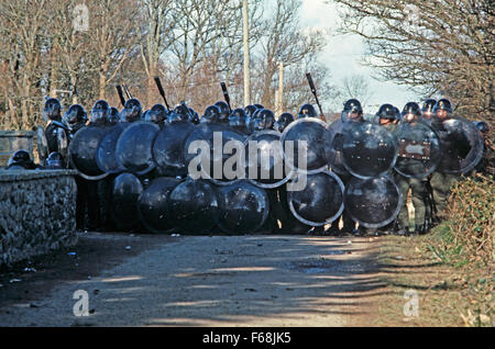 French police, Gendarmerie Mobile,  lined up against antinuclear demonstrators in Plogoff, small village in South West Brittany, France Stock Photo