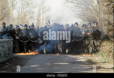 French police, Gendarmerie Mobile,  lined up against antinuclear demonstrators in Plogoff, small village in South West Brittany, France Stock Photo