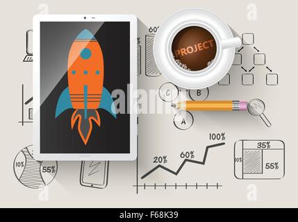 Illustrated rocket in digital tablet as a project. Notepad with business sketches. Stock Vector