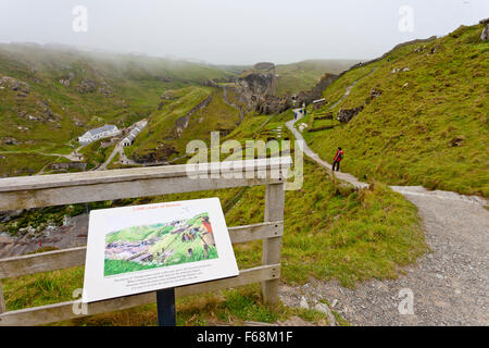 Information board in the ruins of Tintagel Castle (English Heritage) in Cornwall, England, UK Stock Photo