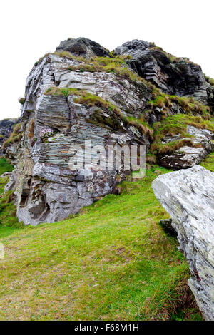 Interesting rock safety repairs in the ruins of Tintagel Castle (English Heritage) in Cornwall, England, UK Stock Photo