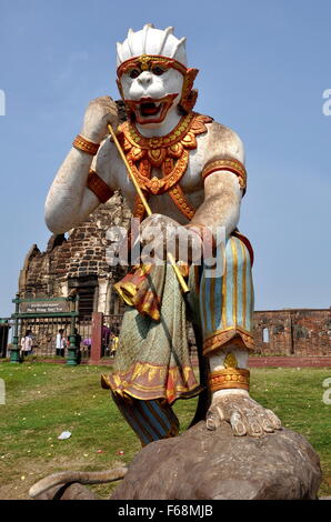 Lopburi, Thailand:  Fanciful statue of a monkey in warrior robes at historic Khmer Wat Phra Prang Sam Yot Stock Photo