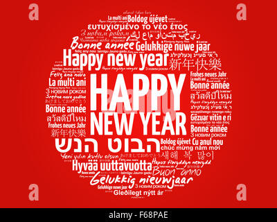 Happy New Year in different languages, celebration word cloud greeting card Stock Photo