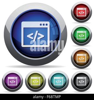 Set of round glossy programing code buttons. Arranged layer structure. Stock Vector