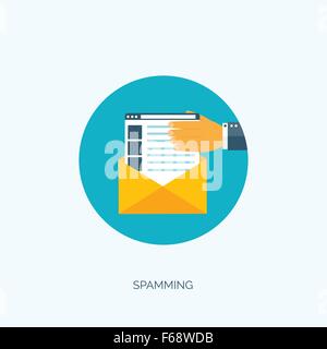 Vector illustration. Flat spamming background. Spam. Email. Global communication. Social network. Stock Vector