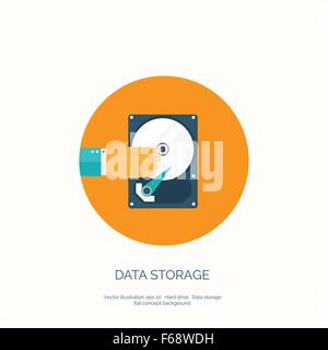 Vector illustration. Flat background with   , hard drive. Information transfer. Web storage concept background. Cloud computing. Stock Vector