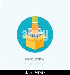 Vector illustration. Flat background with   , books in box. Graduating. Univercity , school. Stock Vector