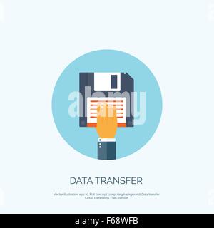 Vector illustration. Flat background with   , floppy disc. Data transfer. Information. Stock Vector