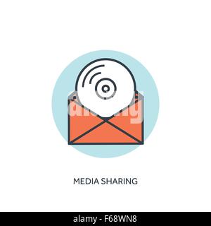 Flat lined compact disk icon. Email icon. Media sharing Stock Vector