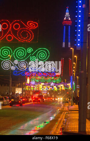 Blackpool, UK. 14th November, 2015. Blackpool's tower a minature copy of the Eiffel tower in Paris is coloured Blue White and Red the French flag in memory of the devastating attacks in Paris yesterday. Credit:  gary telford/Alamy Live News Stock Photo