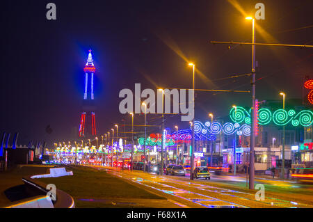 Blackpool, UK. 14th November, 2015. Blackpool's tower a minature copy of the Eiffel tower in Paris is coloured Blue White and Red the French flag in memory of the devastating attacks in Paris yesterday. Credit:  gary telford/Alamy Live News Stock Photo