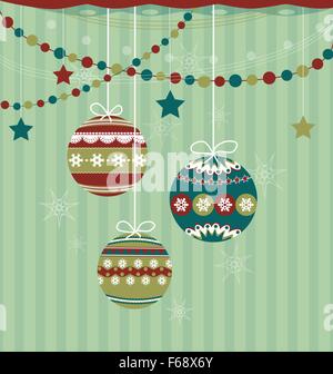 Three Christmas balls on striped background Stock Vector