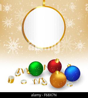 Christmas balls with streamers and frame on beige Stock Vector
