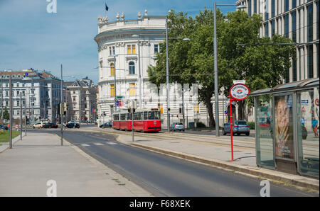 VIENNA, AUSTRIA - AUGUST 1:view stop bus and bus in old town  near Schwarzenbergplatz to Soviet War Memorial on  august 1, 2015 Stock Photo