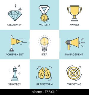 Vector illustration set. Flat business concept backgrounds set with icons , lines. Achievements , mission. Aims , new ideas. Smart solutions. Travelling. Stock Vector