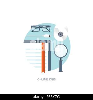 Vector illustration. Flat background. Workplace. Tablet. E-book. Loupe , compact disk. Usb cable. Job online. Stock Vector