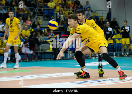 Belchatow, Poland. 14th November 2015. Nicolas Marechal of PGE Skra Belchatow, receives the ball during a game against Lotos Trefl Gdansk in the Plus Liga Polish Professional Volleyball League. Team PGE Skra went on to win 3-0. Credit:  Marcin Rozpedowski/Alamy Live News Stock Photo