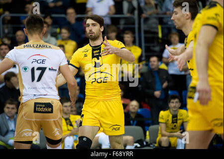 Belchatow, Poland. 14th November 2015. Marcel Gromadowski of PGE Skra Belchatow, pictured during a game against Lotos Trefl Gdansk in the Plus Liga Polish Professional Volleyball League. Team PGE Skra went on to win 3-0. Credit:  Marcin Rozpedowski/Alamy Live News Stock Photo