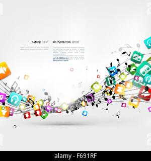 Abstract music background with notes and app icons Stock Vector