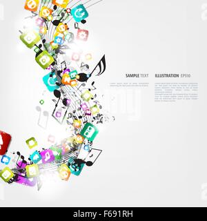 Abstract music background with notes and app icons Stock Vector