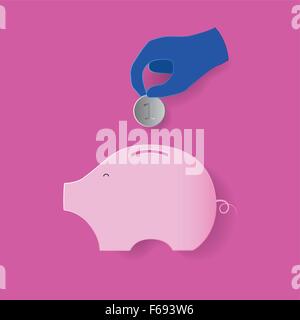 Hand put coin into pink pig saving box Stock Vector