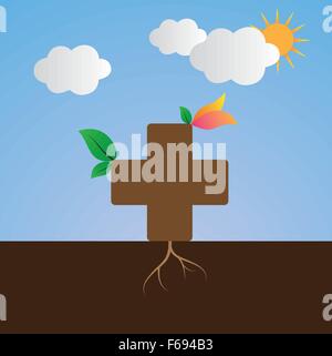 concept idea about natural medicine. as a tree with green leaves and colorful flower under blue sky, sun and white cloud Stock Vector