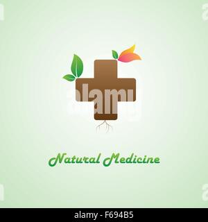 Natural medicine logo, as a tree with green leaves and colorful flower Stock Vector