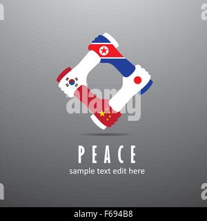 World peace icon in light gray background. East Asia nations cooperation - China, Japan, South Korea and North Korea Stock Vector
