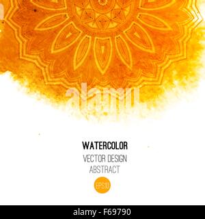 Orange watercolor brush wash with pattern - round doodle tribal elements. Stock Vector