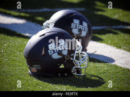 Colorado Springs, Colorado, USA. 14th Nov, 2015. Utah State helmets prior to the NCAA Football game between the Utah State Aggies and the Air Force Academy Falcons at Falcon Stadium, U.S. Air Force Academy, Colorado Springs, Colorado. Air Force defeats Utah State 35-28. Credit:  csm/Alamy Live News Stock Photo