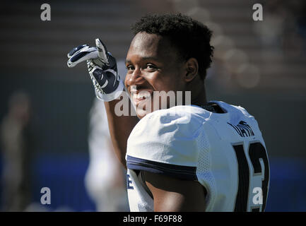 Colorado Springs, Colorado, USA. 14th Nov, 2015. Utah State cornerback, Jalen Davis #13, prior to the NCAA Football game between the Utah State Aggies and the Air Force Academy Falcons at Falcon Stadium, U.S. Air Force Academy, Colorado Springs, Colorado. Air Force defeats Utah State 35-28. Credit:  csm/Alamy Live News Stock Photo