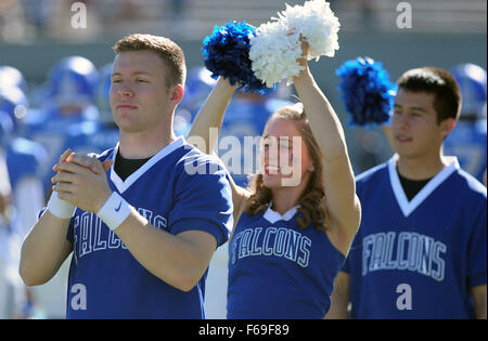 Colorado Springs, Colorado, USA. 14th Nov, 2015. Air Force Academy cheerleaders prior to the NCAA Football game between the Utah State Aggies and the Air Force Academy Falcons at Falcon Stadium, U.S. Air Force Academy, Colorado Springs, Colorado. Air Force defeats Utah State 35-28. Credit:  csm/Alamy Live News Stock Photo