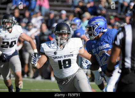 Colorado Springs, Colorado, USA. 14th Nov, 2015. Utah State linebacker, Chasen Andersen #18, during the NCAA Football game between the Utah State Aggies and the Air Force Academy Falcons at Falcon Stadium, U.S. Air Force Academy, Colorado Springs, Colorado. Air Force defeats Utah State 35-28. Credit:  csm/Alamy Live News Stock Photo