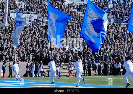 Colorado Springs, Colorado, USA. 14th Nov, 2015. Air Force cheerleaders in action during the NCAA Football game between the Utah State Aggies and the Air Force Academy Falcons at Falcon Stadium, U.S. Air Force Academy, Colorado Springs, Colorado. Air Force defeats Utah State 35-28. Credit:  csm/Alamy Live News Stock Photo