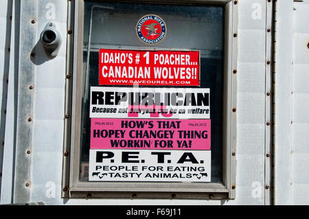 Right-wing bumper stickers on the back of a truck camper from Idaho Stock Photo