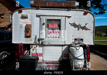 Right-wing bumper stickers on the back of a truck camper from Idaho Stock Photo