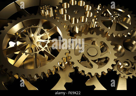 Technology background from cold metal gears and cogwheels on black. Highly detailed render. Stock Photo