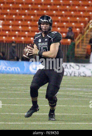 November 14, 2015 - Hawaii Rainbow Warriors quarterback Max Wittek (13) rolls out and passes during Mountain West Conference action between the Hawaii Rainbow Warriors and the Fresno State Bulldogs on Hawaiian Airlines Field at Aloha Stadium in Honolulu, HI. - Michael Sullivan/CSM Stock Photo