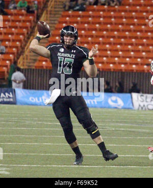 November 14, 2015 - Hawaii Rainbow Warriors quarterback Max Wittek (13) rolls out and passes during Mountain West Conference action between the Hawaii Rainbow Warriors and the Fresno State Bulldogs on Hawaiian Airlines Field at Aloha Stadium in Honolulu, HI. - Michael Sullivan/CSM Stock Photo