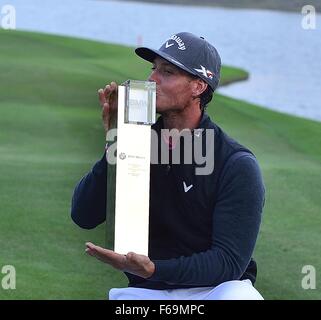 Shanghai, China. 15th Nov, 2015.  Kristoffer Broberg of Sweden poses with the trophy after winning the BMW Masters at Lake Malaren Golf Club in Shanghai. Credit:  Marcio Machado/ZUMA Wire/Alamy Live News Stock Photo