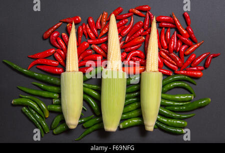 Fresh raw baby corn cobs on red and green non-stem chili peppers, studio shot on gray background Stock Photo