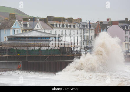 Aberystwyth, Wales., UK. 15th Nov 2015th. Huge waves  pound the new bandstand under construction on Aberystwyth seafront as the remnants of Hurricane Kate hit the West Coast of Wales. Credit:  Alan Hale/Alamy Live News Stock Photo