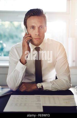 Portrait of business man talking on the phone with documents on the desk Stock Photo