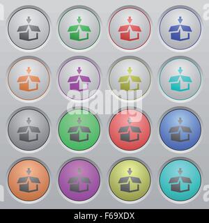 Set of pack plastic sunk spherical buttons on light gray background. 16 variations included. Well-organized layer, color swatch  Stock Vector
